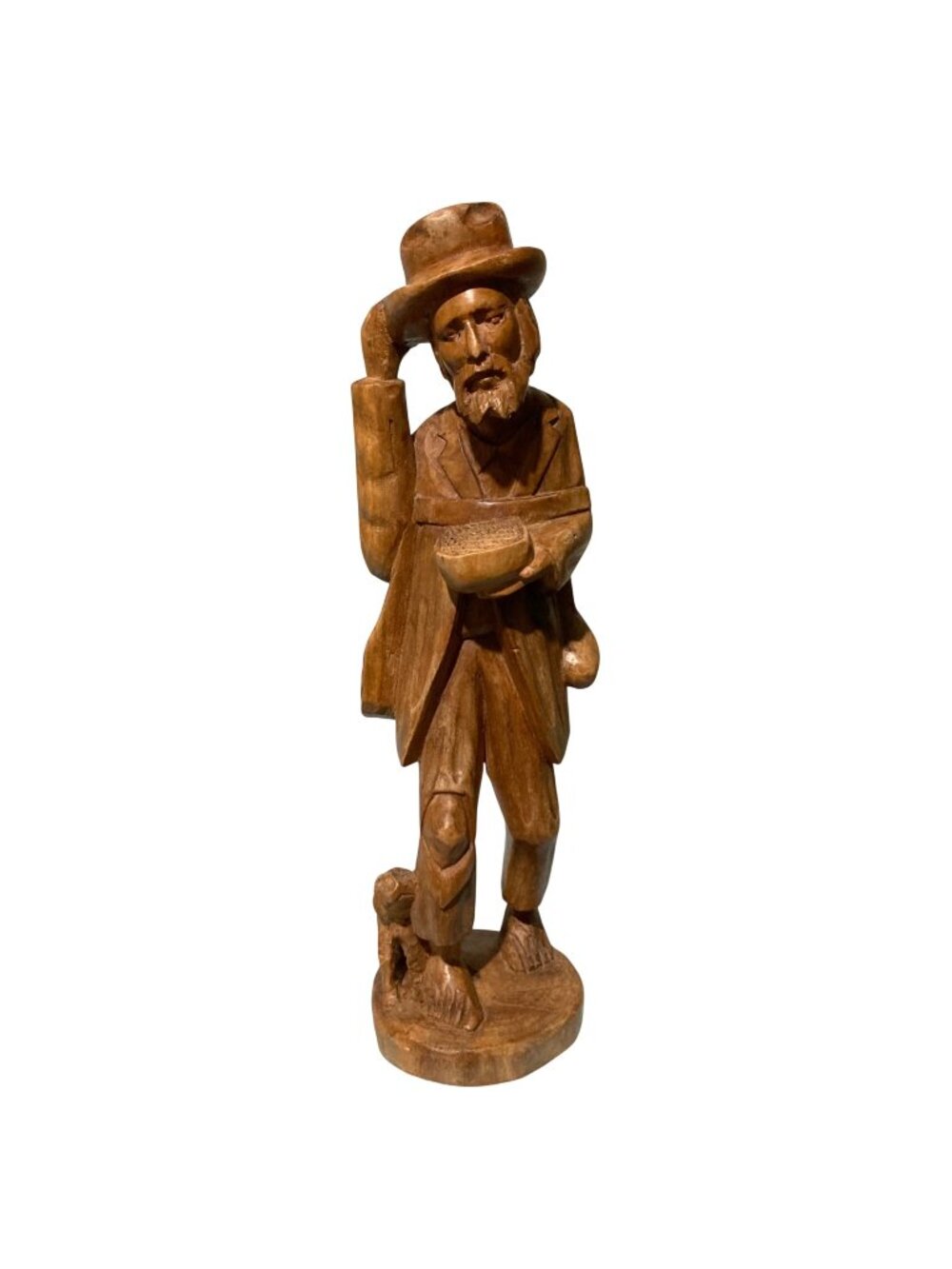 Hand Carved Wood Traveling Peddler With Dog Folk Art Sculpture